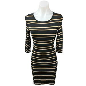 Pink Tartan Black Striped Knit 3/4 Sleeve Crewneck Zip Up Mini Bodycon Dress S